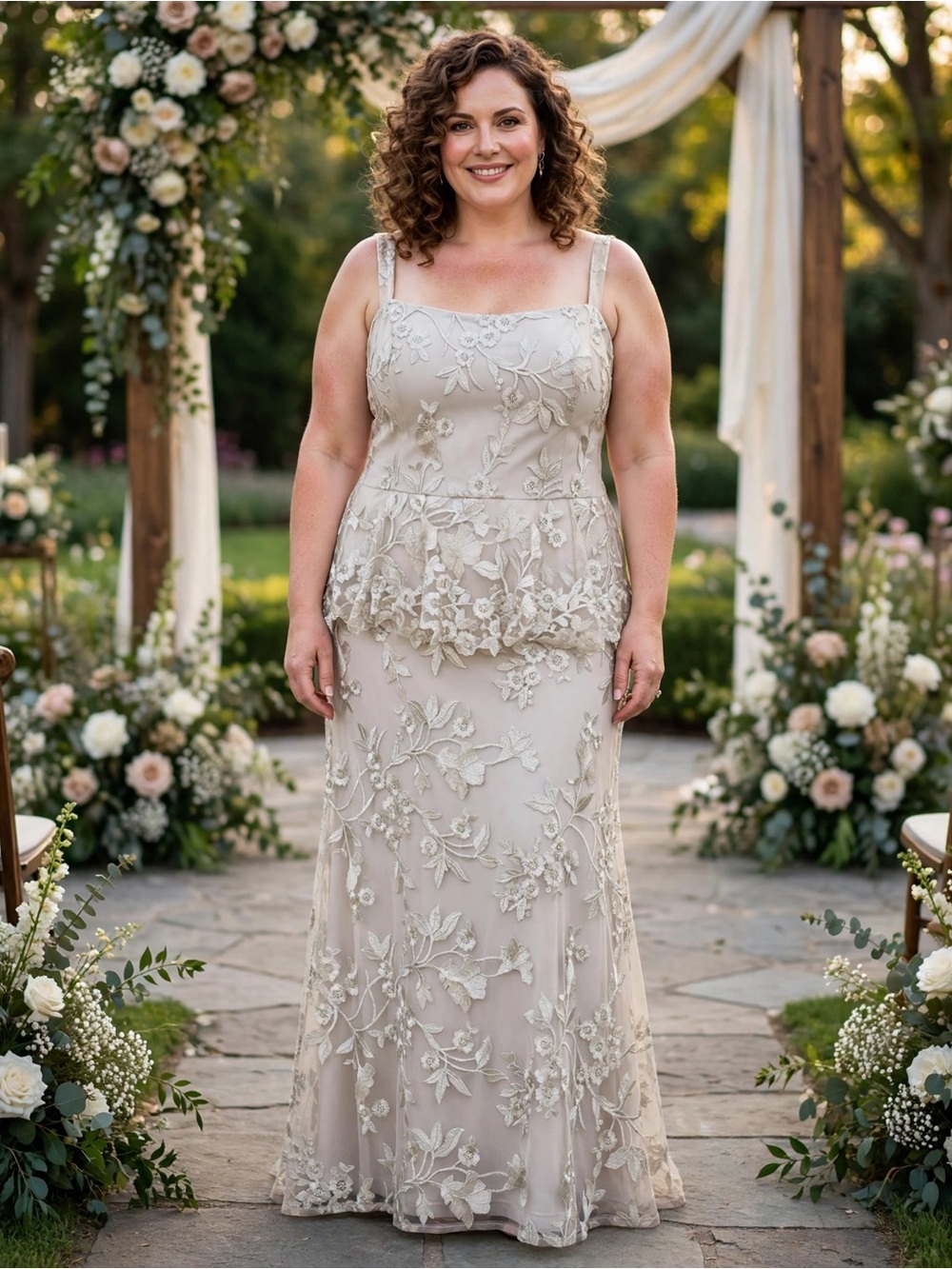 Lauren Ralph Lauren 18 Floral Embroidered Mesh Formal Evening Gown Champagne